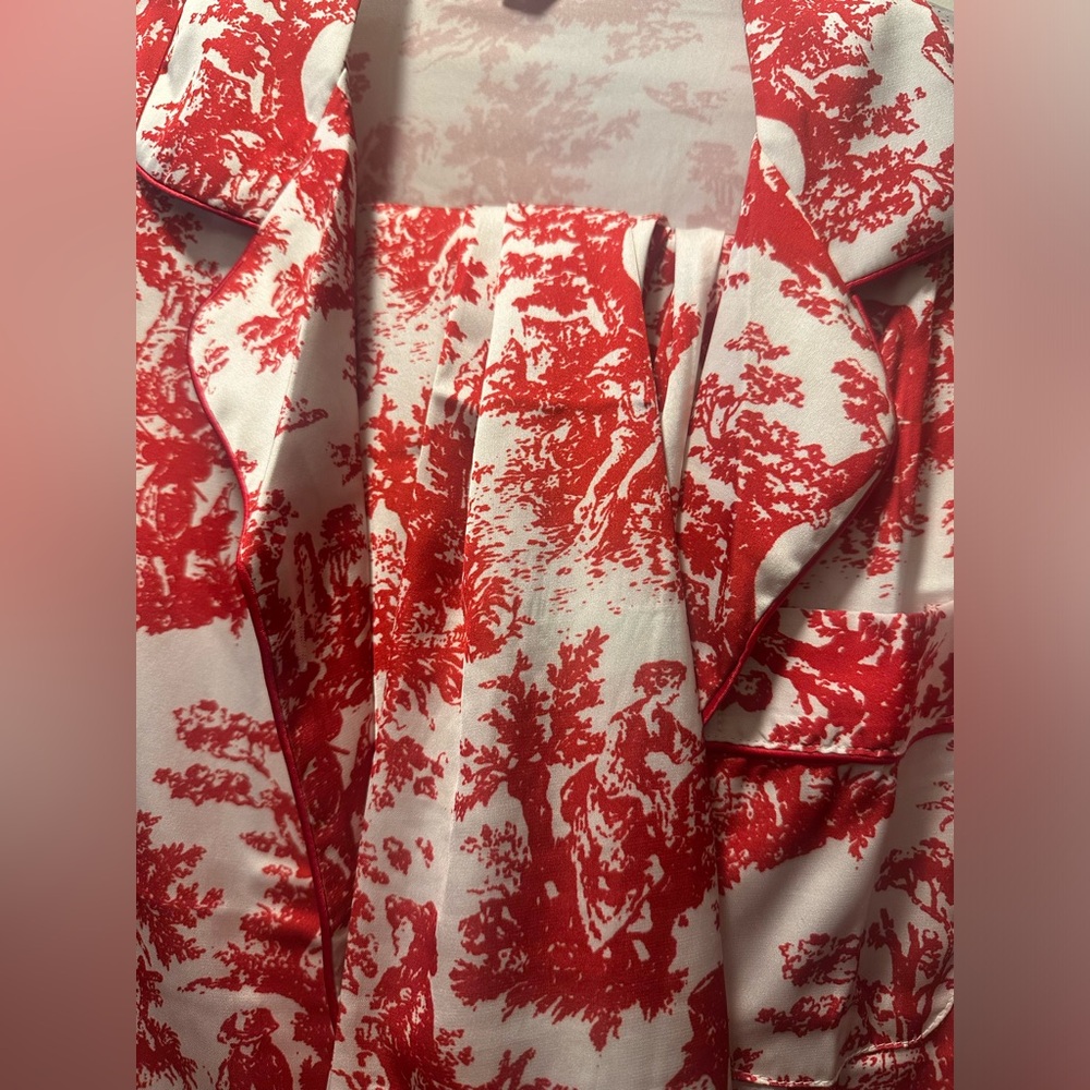 NEW CCB Red & White Satin Toile Ink-Print Button Lapel Collar Pants Pajama Set L - Picture 10 of 10